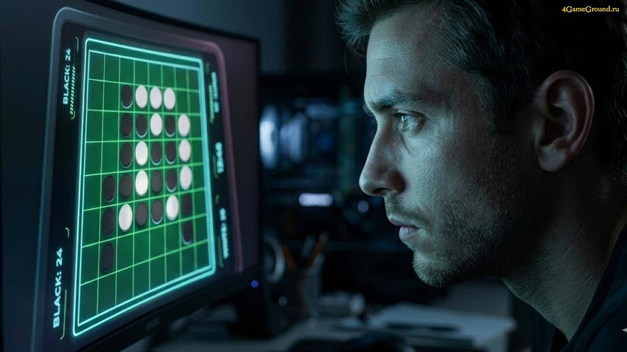 Player thinking about the next move Close up of a gamer looking at a monitor displaying a strategy board game, deep in thought, dark room atmosphere