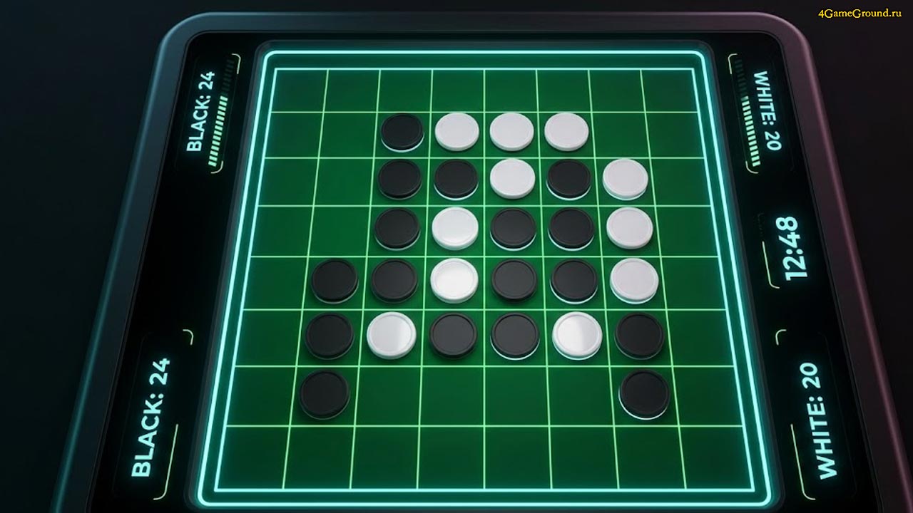 Digital Othello board game Top-down view of a digital Othello board with black and white disks on a green background, glowing futuristic interface