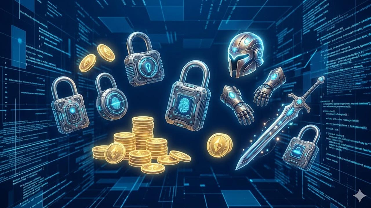 Concept art showing glowing digital padlocks, virtual gold coins, and rare glowing gaming items floating in cyberspace