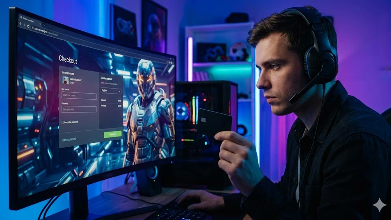 A focused man in a dark room holding a credit card in one hand and a gaming controller in the other, glowing screen reflection