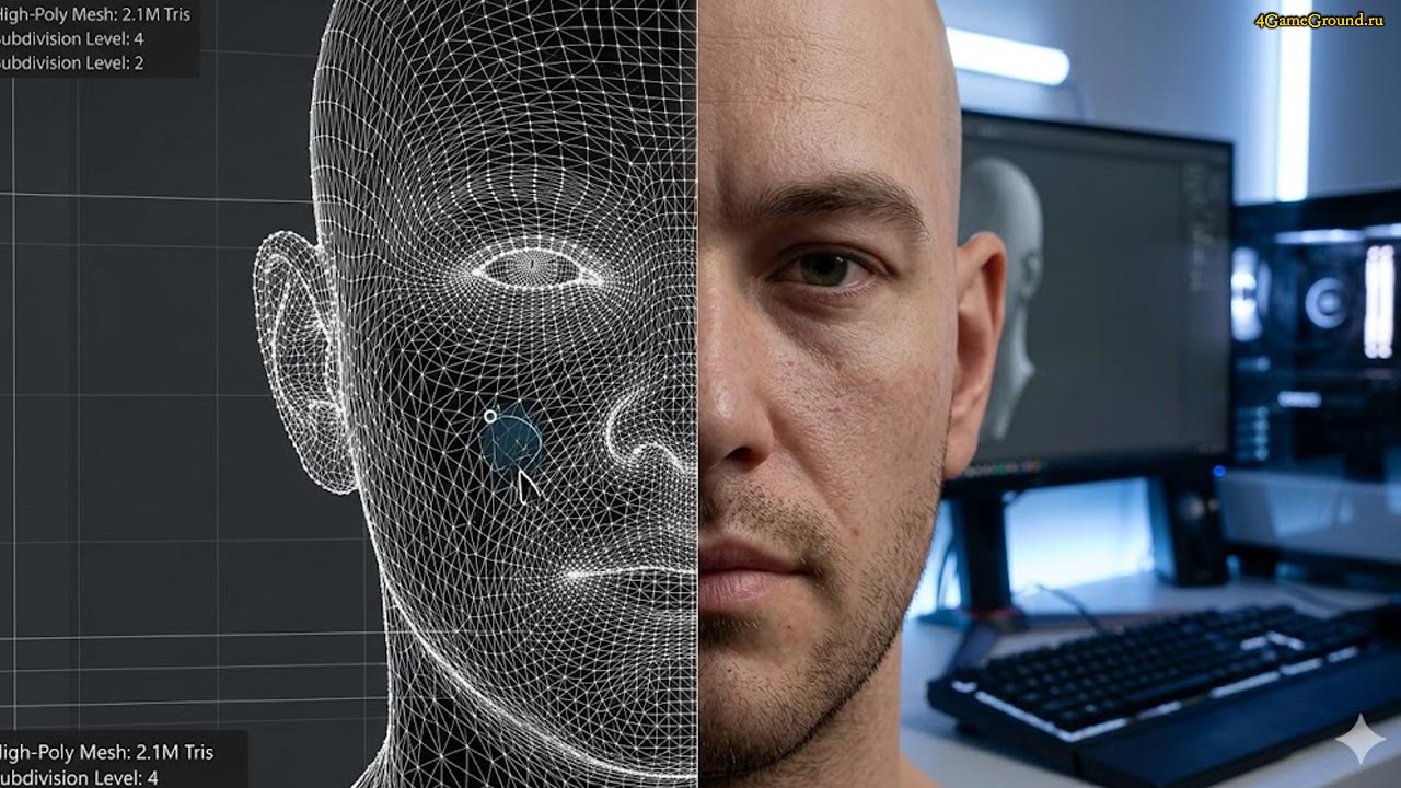 A detailed look at a 3D character mesh showing the transition from high-poly geometry to a real-time rendered surface