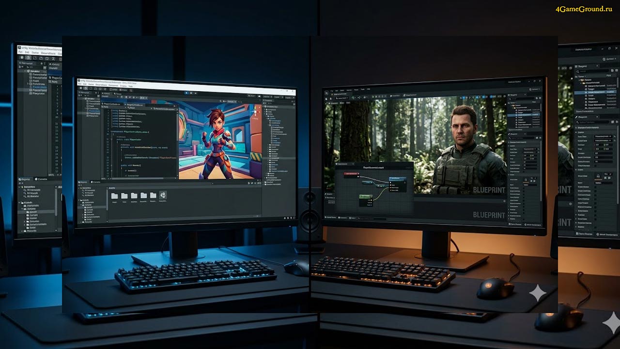 Dual monitor setup showing Unity's C# hierarchy and Unreal Engine's high-fidelity lighting system